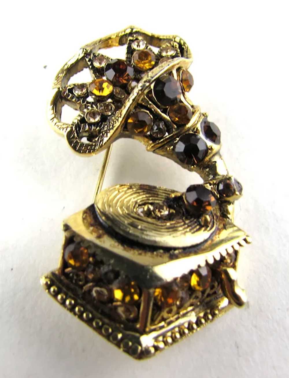 Gold Tone Gramophone Framed With Amber Crystals - image 4