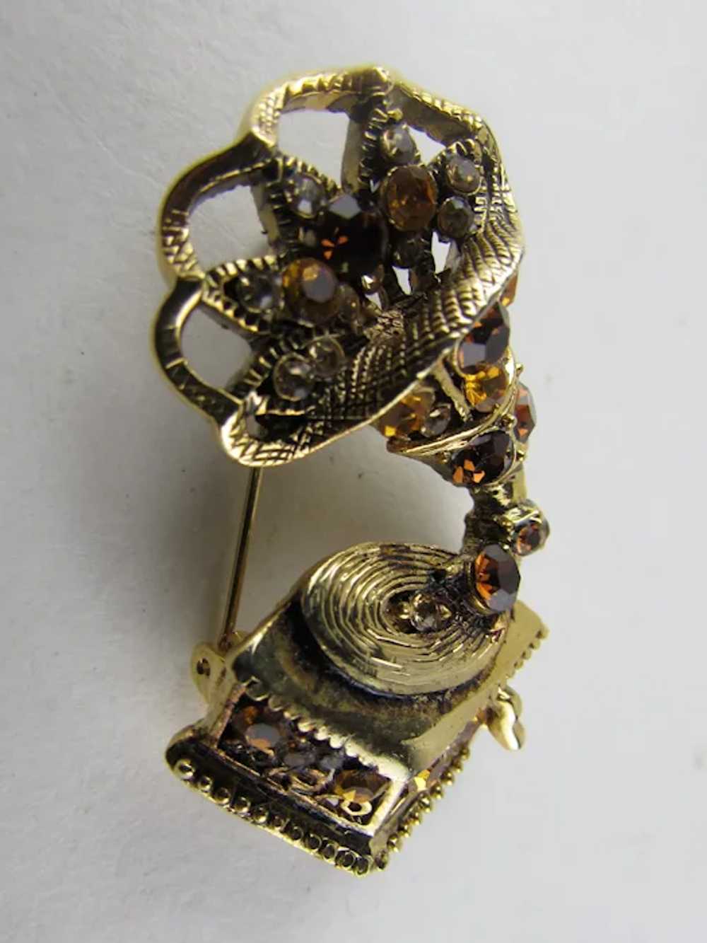 Gold Tone Gramophone Framed With Amber Crystals - image 7