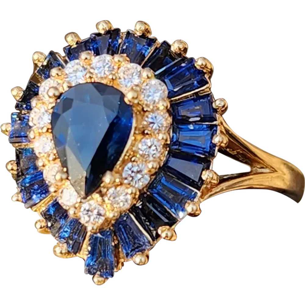 Deep Blue Sapphire and Diamond Ballerina 14k Ring - image 1
