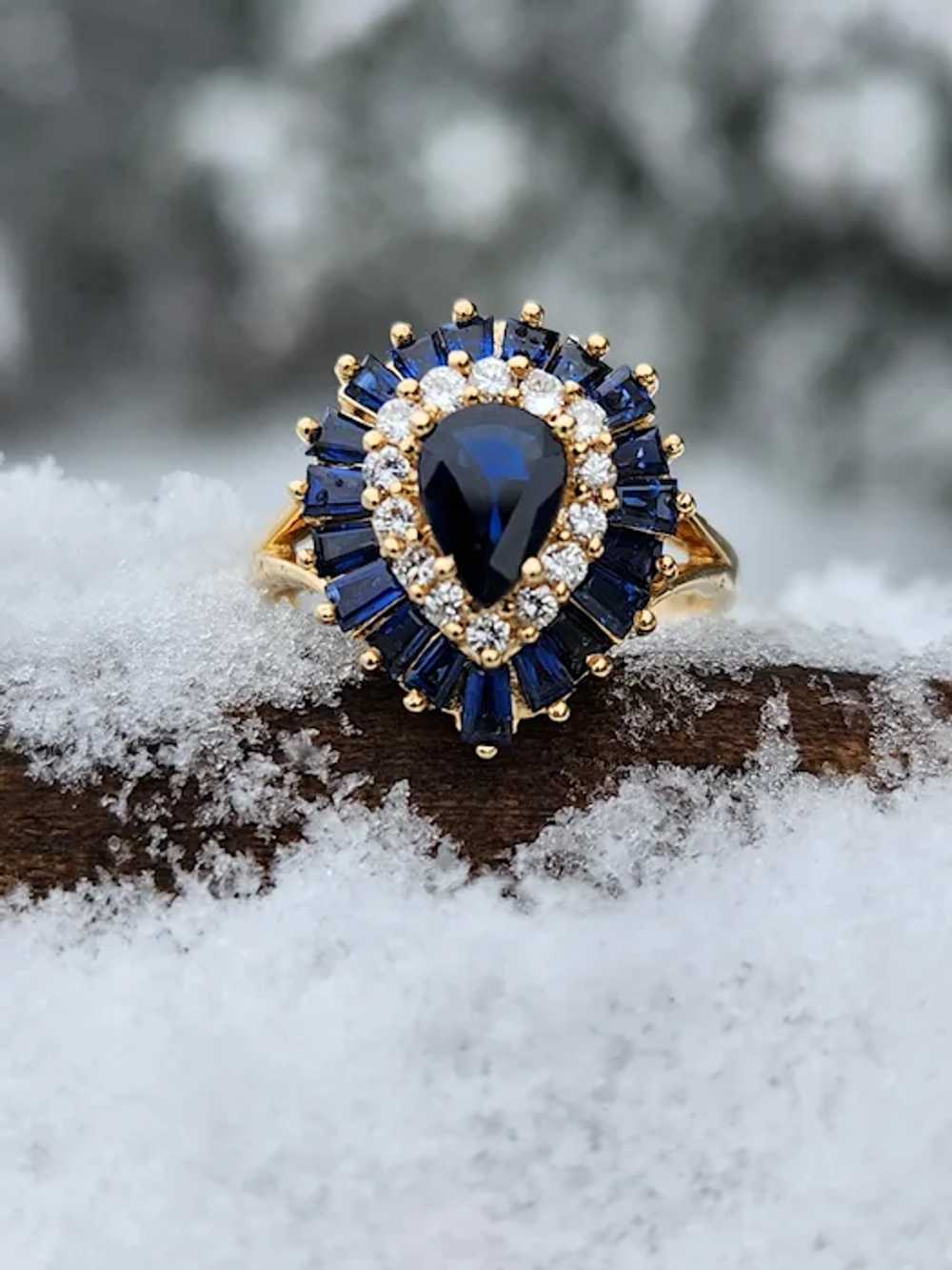 Deep Blue Sapphire and Diamond Ballerina 14k Ring - image 2