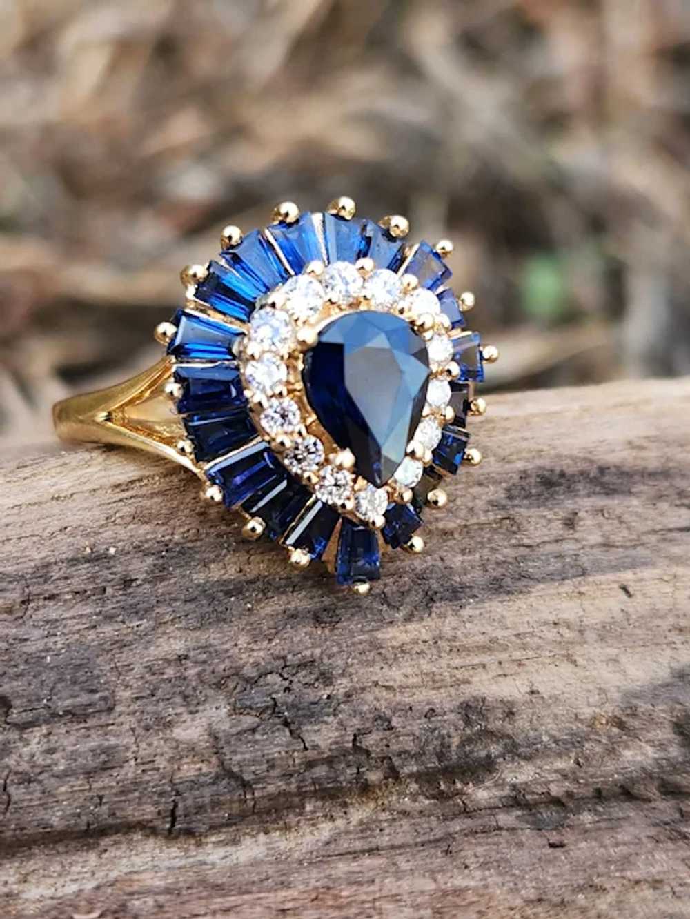 Deep Blue Sapphire and Diamond Ballerina 14k Ring - image 4