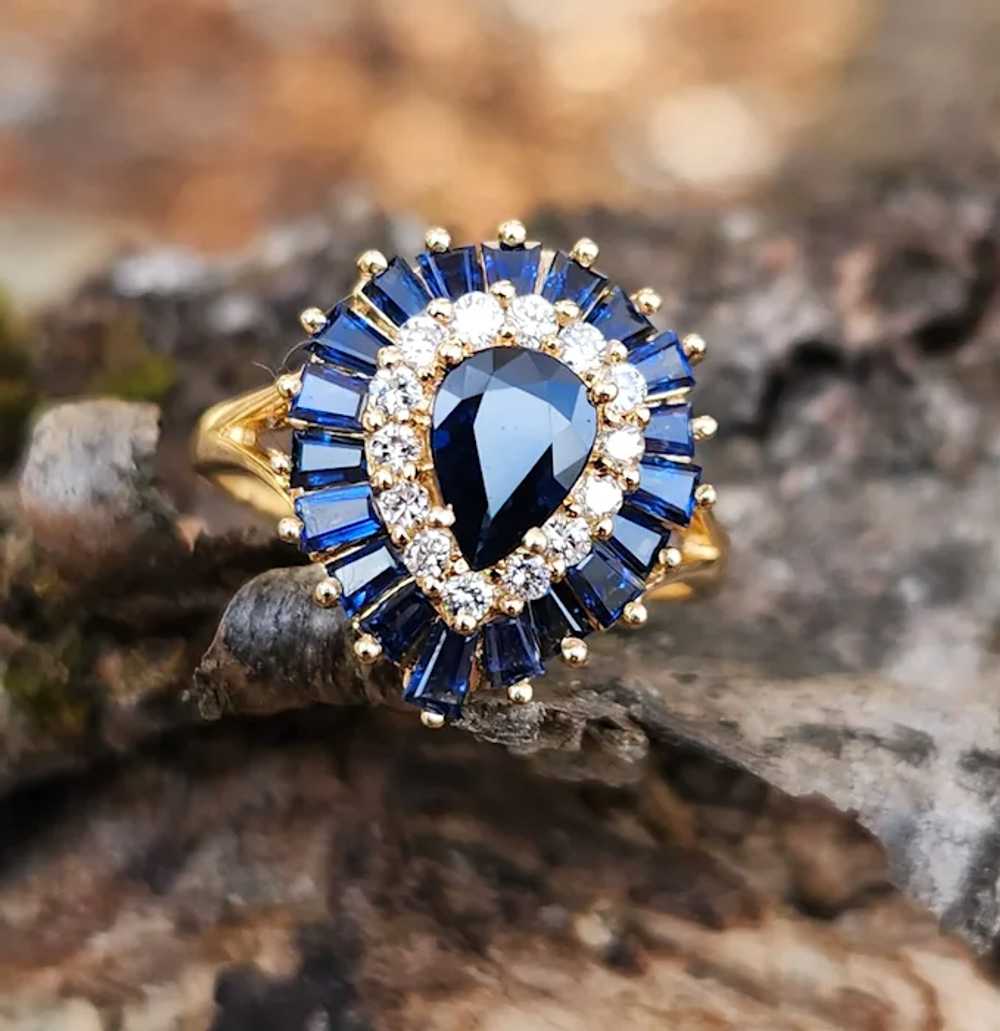 Deep Blue Sapphire and Diamond Ballerina 14k Ring - image 7