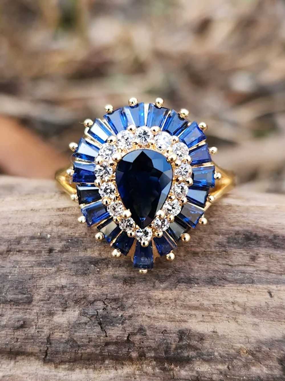 Deep Blue Sapphire and Diamond Ballerina 14k Ring - image 8