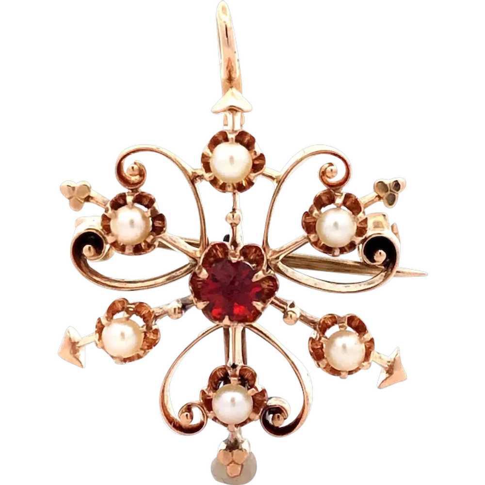 Victorian Garnet & Seed Pearl Starburst Brooch in… - image 1