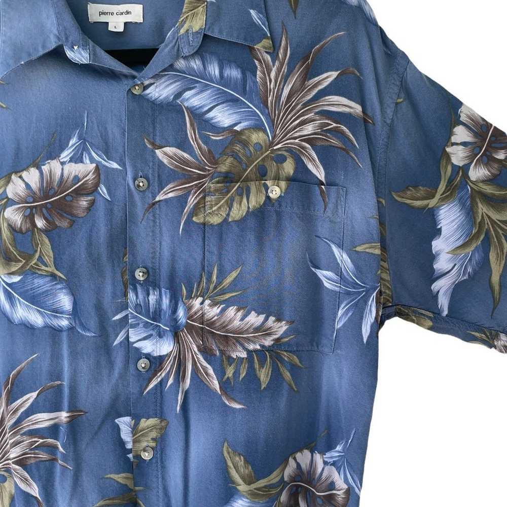 Pierre Cardin 90s Rayon Leaf Print Blue Hawaiian … - image 2