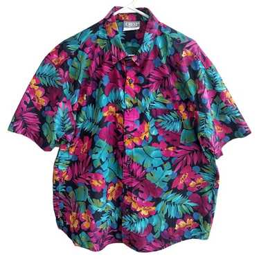 Vintage 90s Floral Tropical Hawaiian Button Down … - image 1