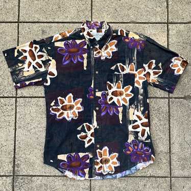 Vintage Abstract Flower Art Button Down Short Slee