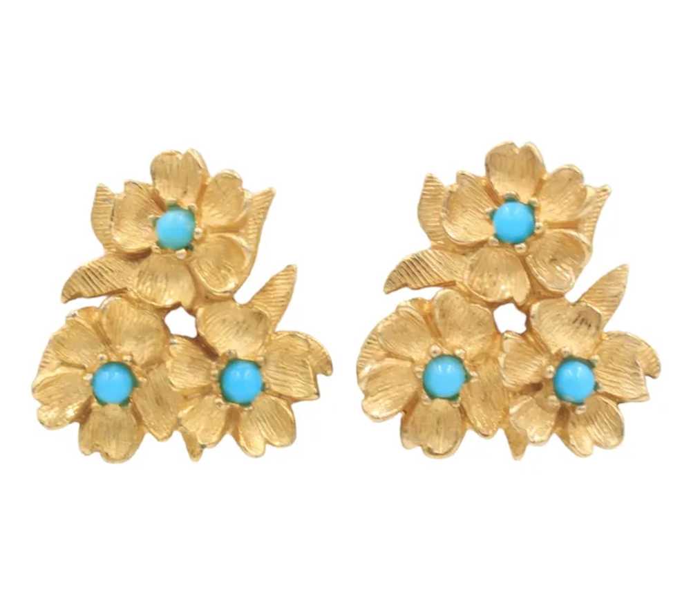 Earrings Ciner Flower Trio Turquoise Ballotini Ba… - image 2