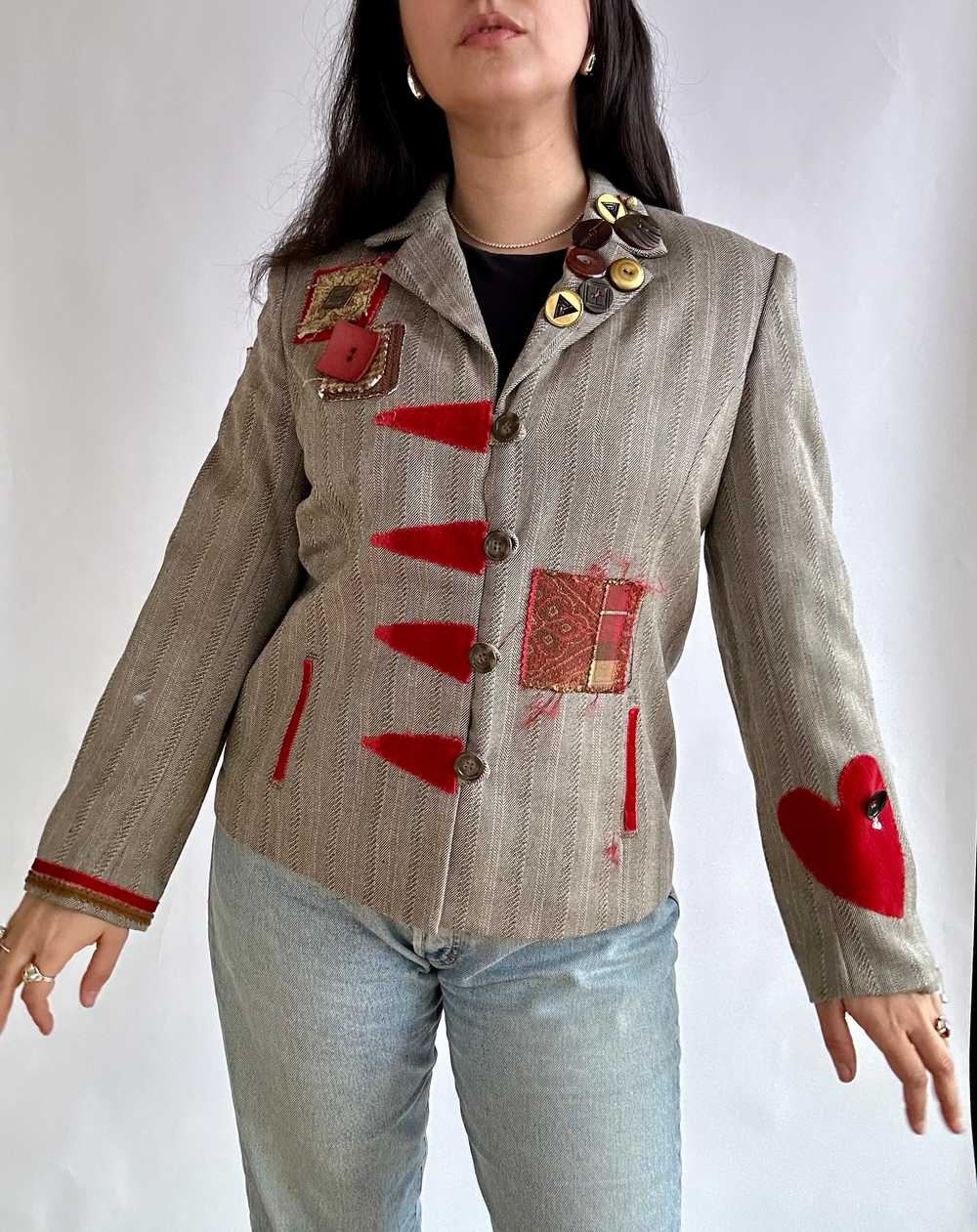 90s Vintage Upcycled Blazer with patches and butt… - image 2