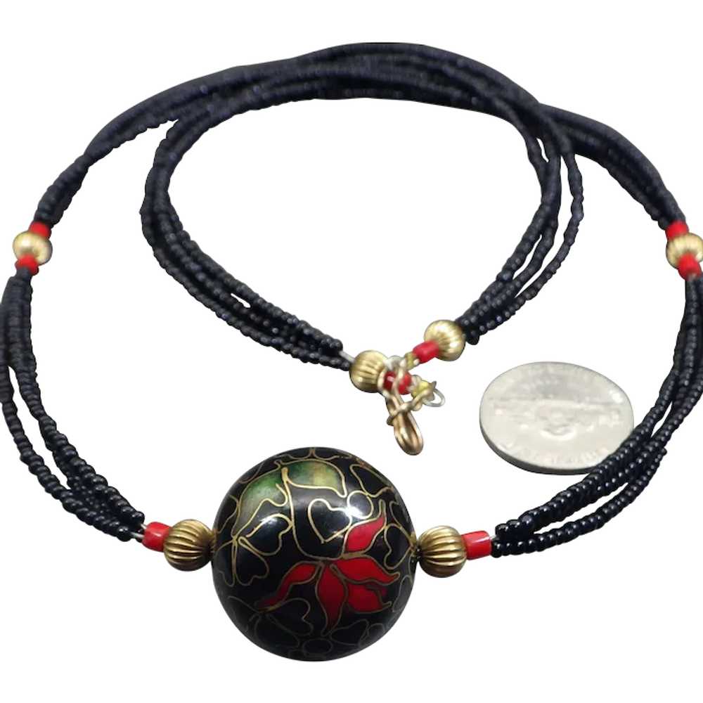 Cloisonne' Centerpiece Beaded Necklace, Black and… - image 1