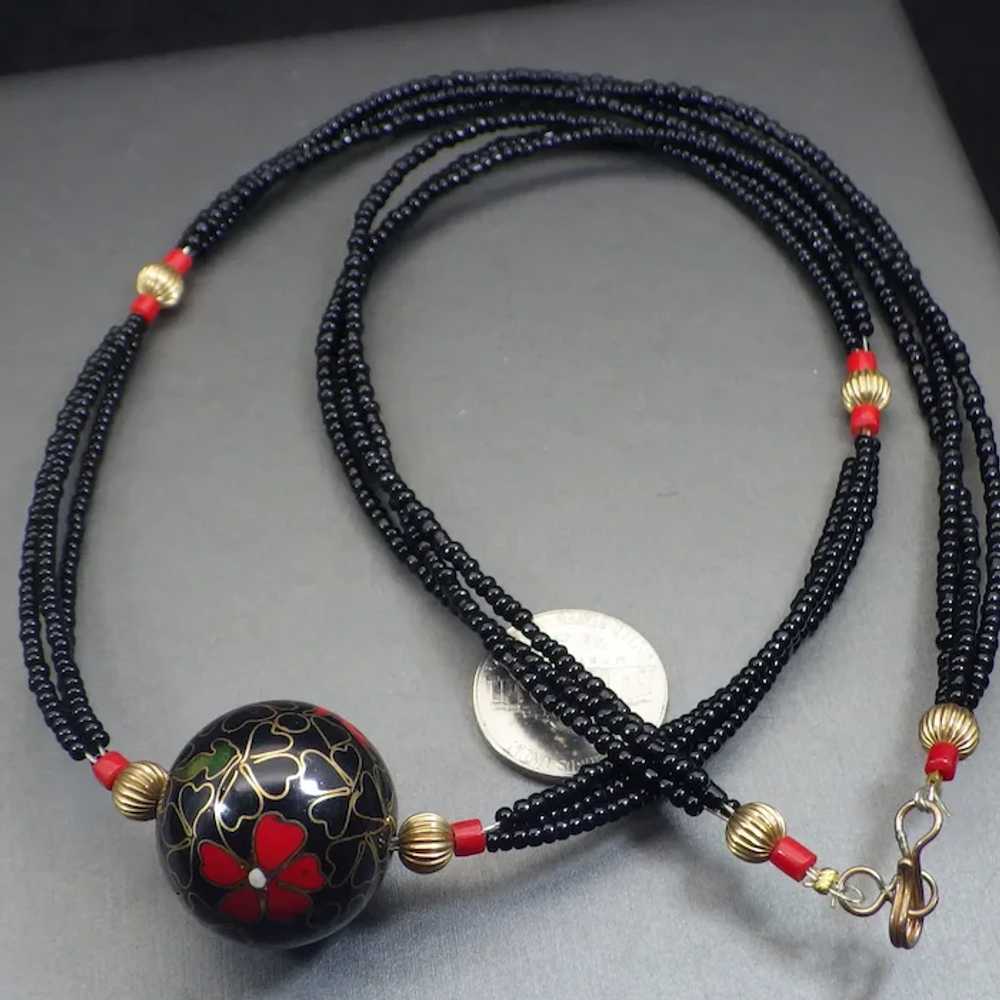 Cloisonne' Centerpiece Beaded Necklace, Black and… - image 4