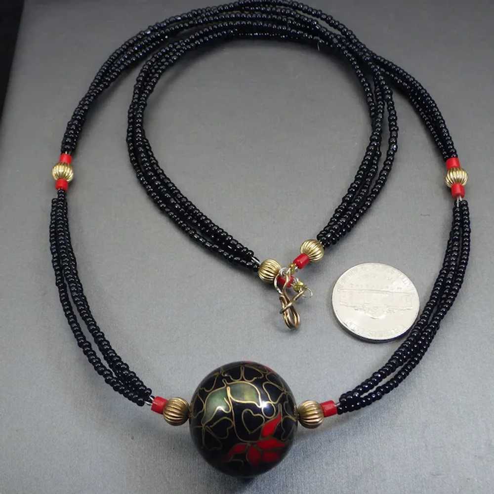 Cloisonne' Centerpiece Beaded Necklace, Black and… - image 6