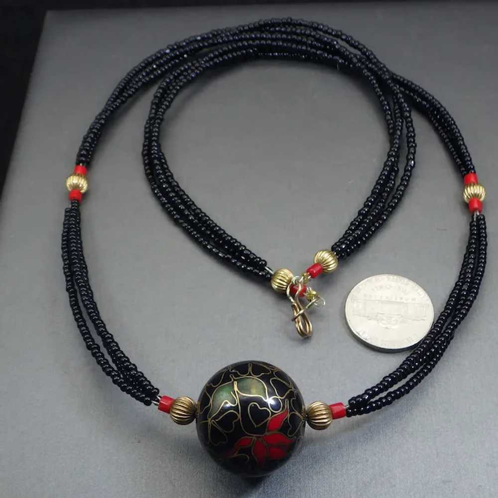 Cloisonne' Centerpiece Beaded Necklace, Black and… - image 7