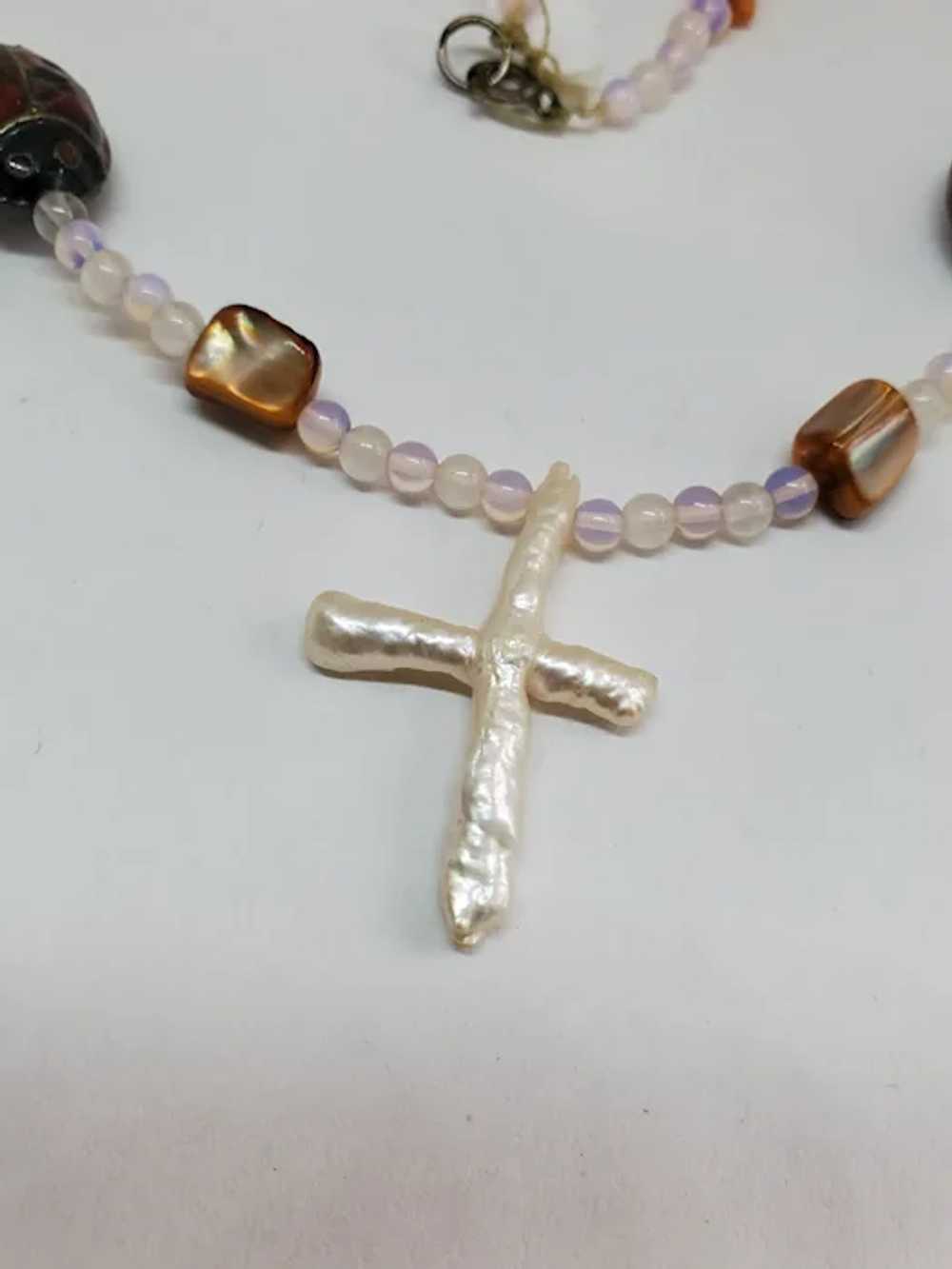 Vintage Sterling Freshwater Pearl Cross Orange Ca… - image 2