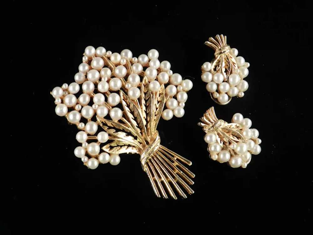Faux Pearl Bouquet Brooch Pin Earrings Set - image 5