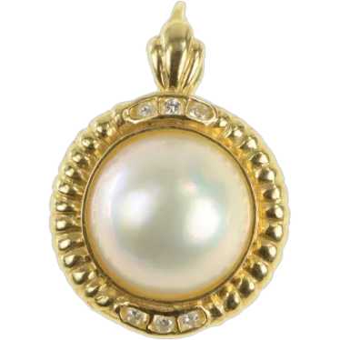 14K Mabe Pearl Diamond Ornate Vintage Pendant Yel… - image 1