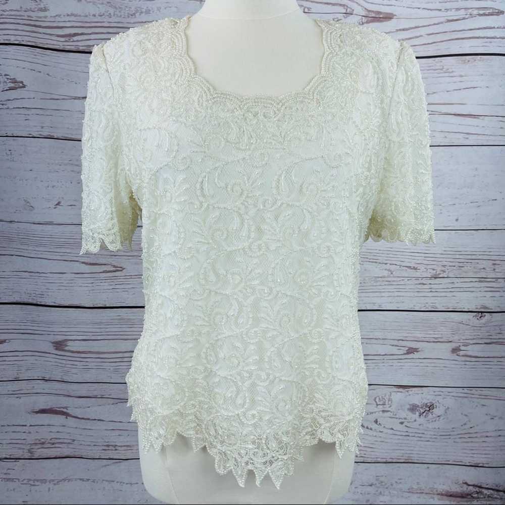 Brilliante off white beaded top semi sheer vintage - image 1