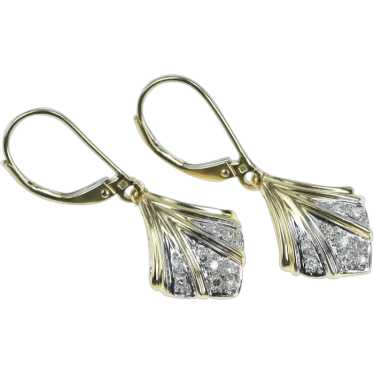 14K Diamond Vintage Scalloped Dangle Lever Earrin… - image 1
