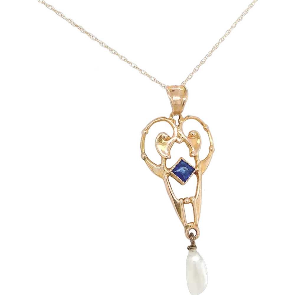 10K Yellow Gold Lavaliere Pendant with Blue Glass - image 1