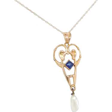 10K Yellow Gold Lavaliere Pendant with Blue Glass - image 1