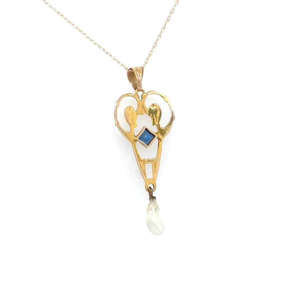 10K Yellow Gold Lavaliere Pendant with Blue Glass - image 2