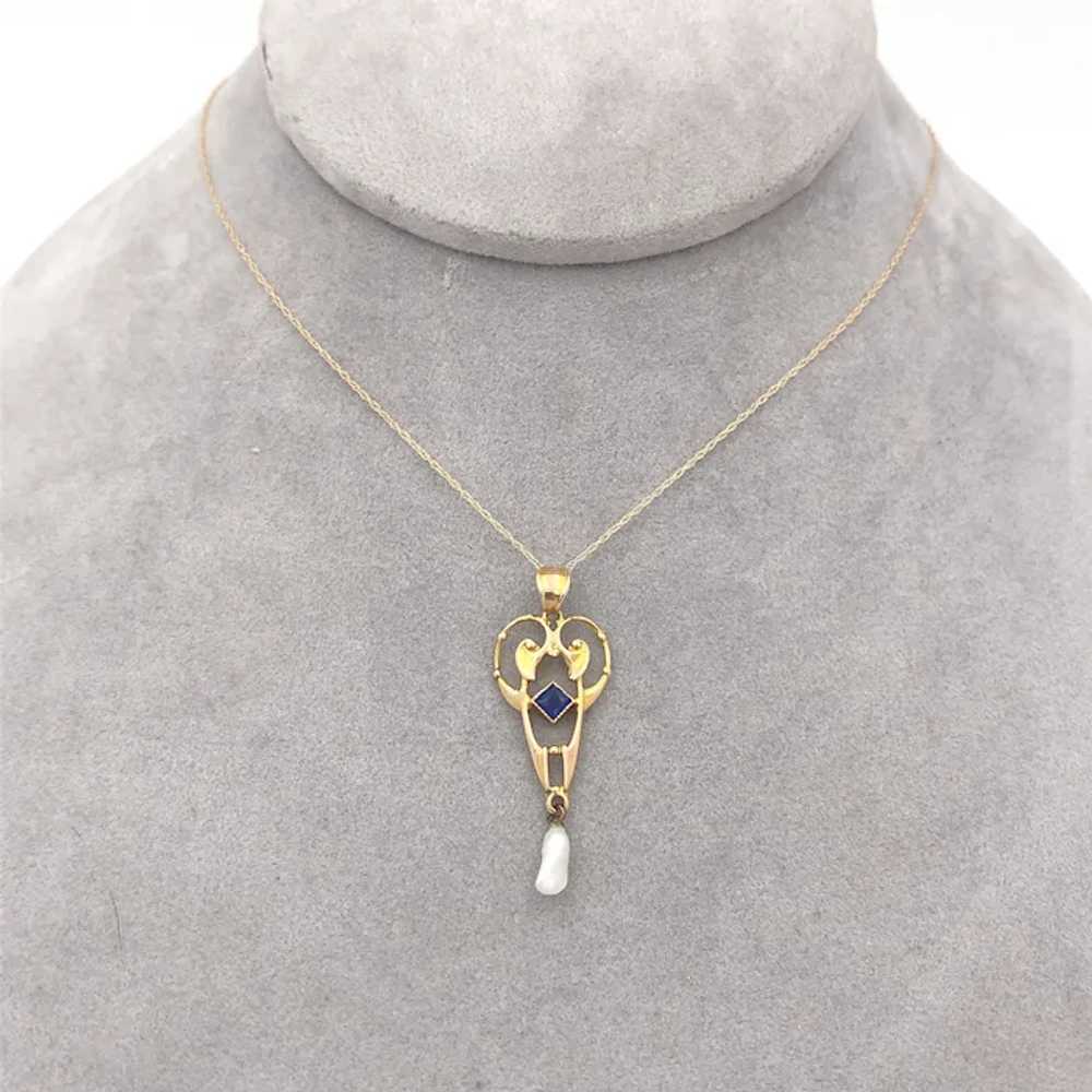 10K Yellow Gold Lavaliere Pendant with Blue Glass - image 4