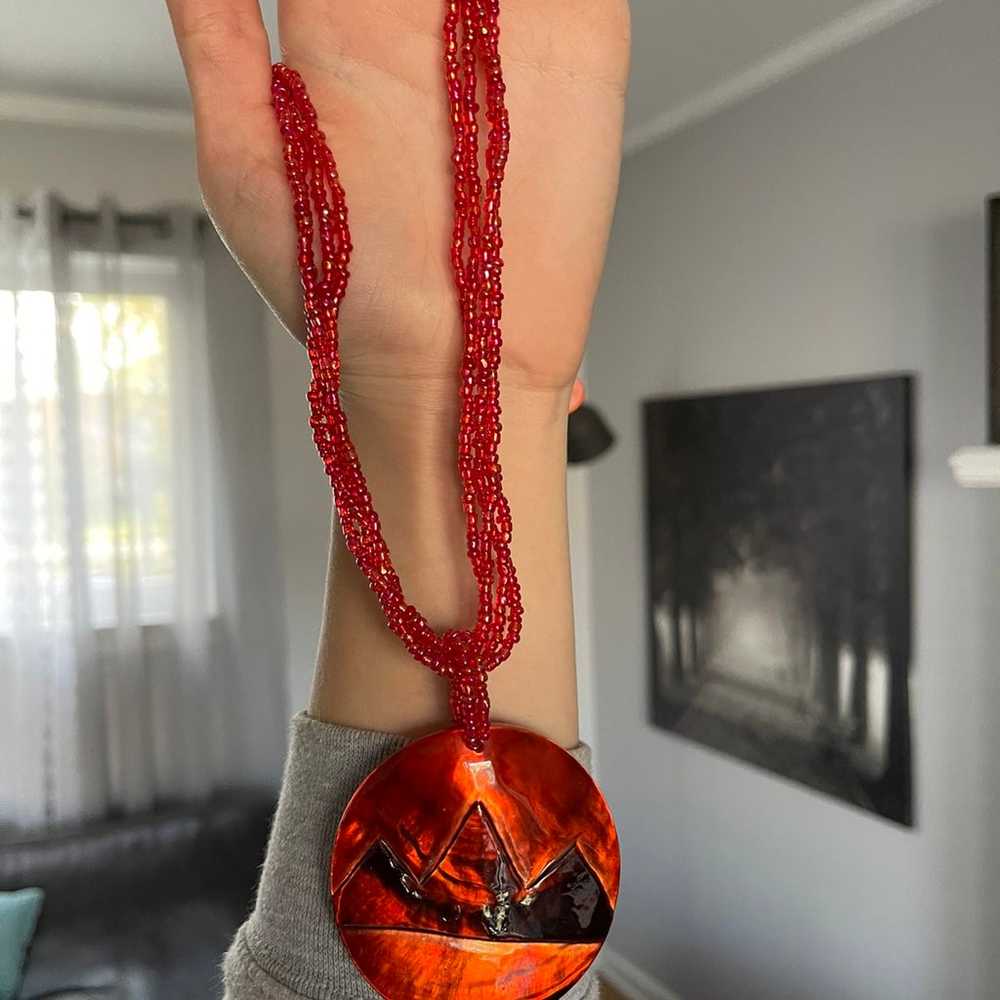 Vintage handmade red beaded necklace from the car… - image 1