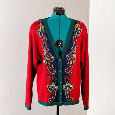 Vintage 1990s Cardigan Sweater Red Embroidered Si… - image 1