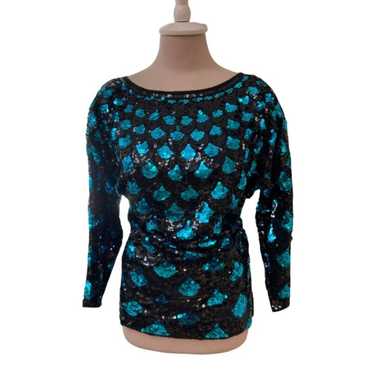 Vintage 8os Sequin Sequined Blouse Top Bling Spar… - image 1