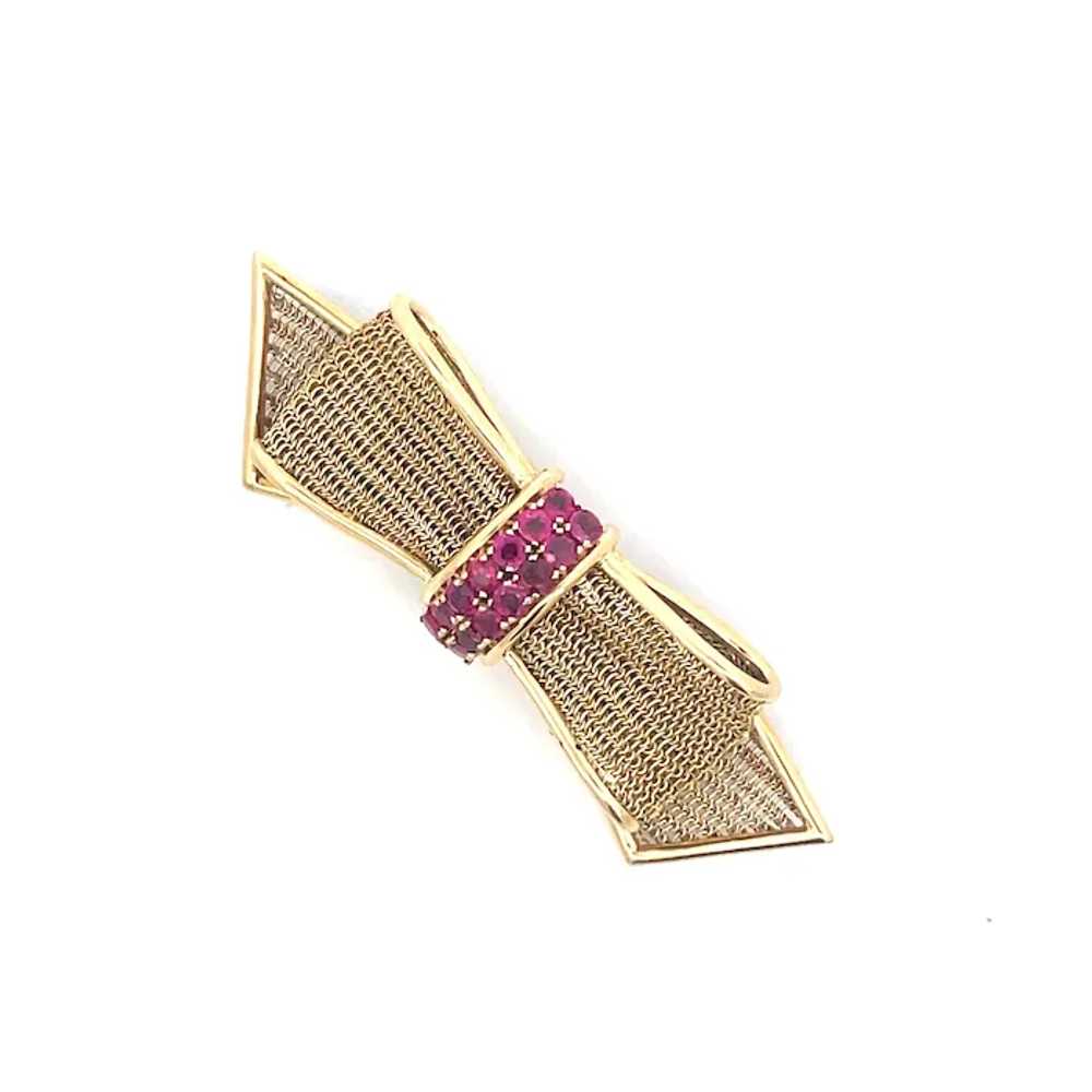 1950s 14K Yellow Gold Ruby Bow Pin - image 10