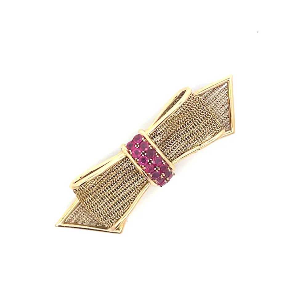 1950s 14K Yellow Gold Ruby Bow Pin - image 11