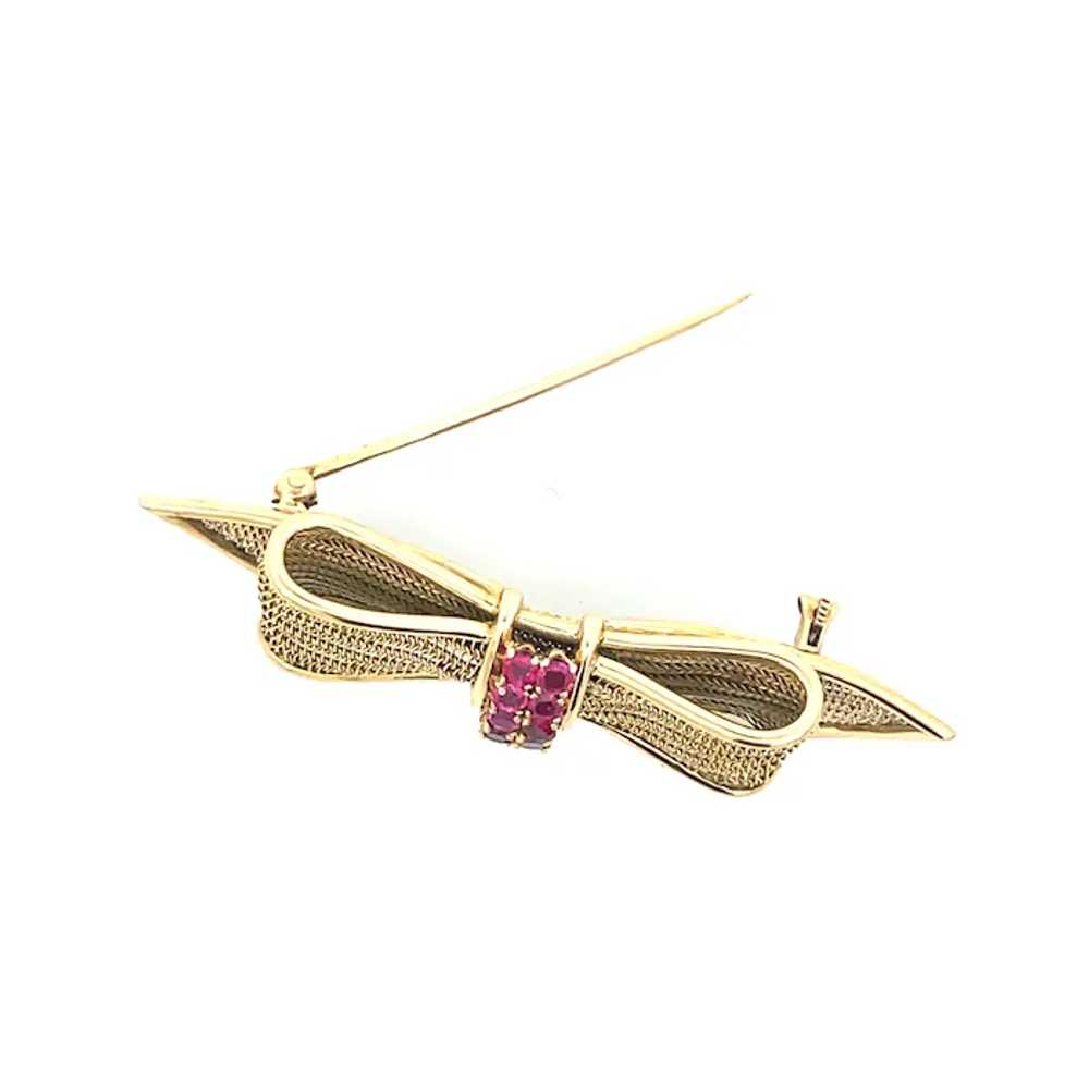 1950s 14K Yellow Gold Ruby Bow Pin - image 12