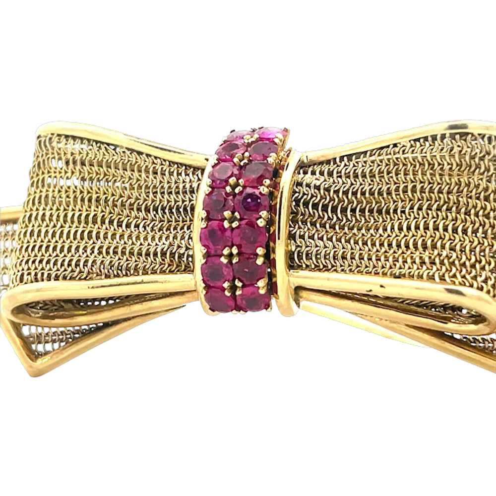 1950s 14K Yellow Gold Ruby Bow Pin - image 1