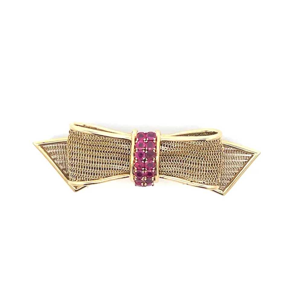 1950s 14K Yellow Gold Ruby Bow Pin - image 4