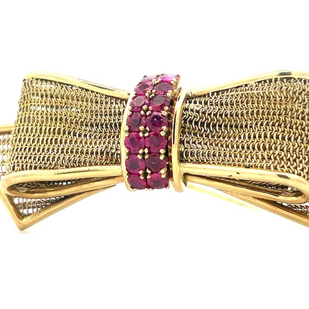 1950s 14K Yellow Gold Ruby Bow Pin - image 7