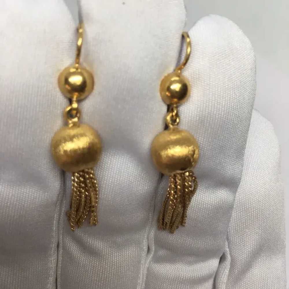 18k Solid Yellow Gold Tassel Dangling Wire Earrin… - image 4