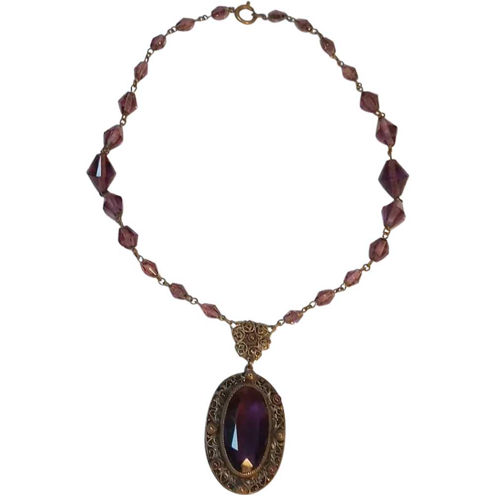 Czech amethyst glass brass pendant necklace - image 1