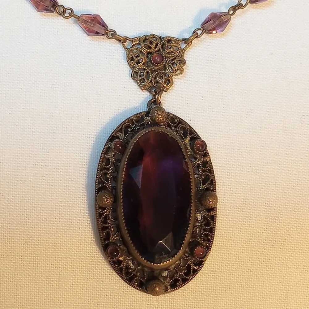 Czech amethyst glass brass pendant necklace - image 2