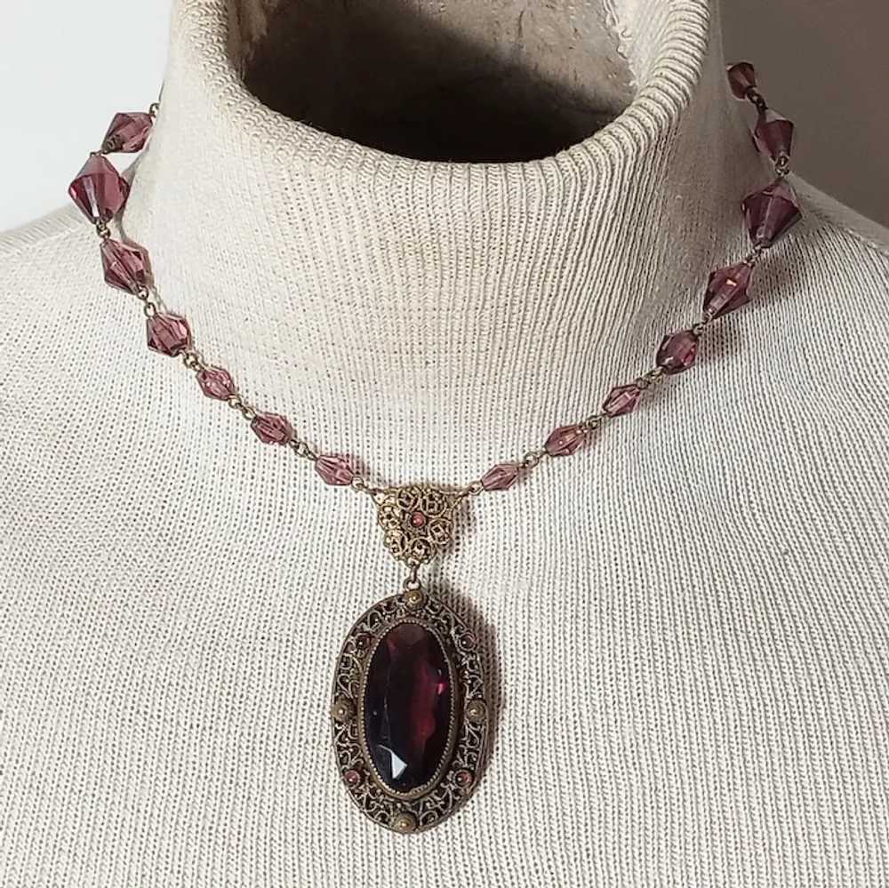 Czech amethyst glass brass pendant necklace - image 6