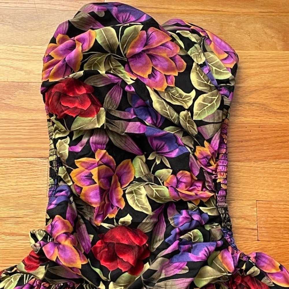 80s Bright Floral Strapless Corset Fit Flare Part… - image 2