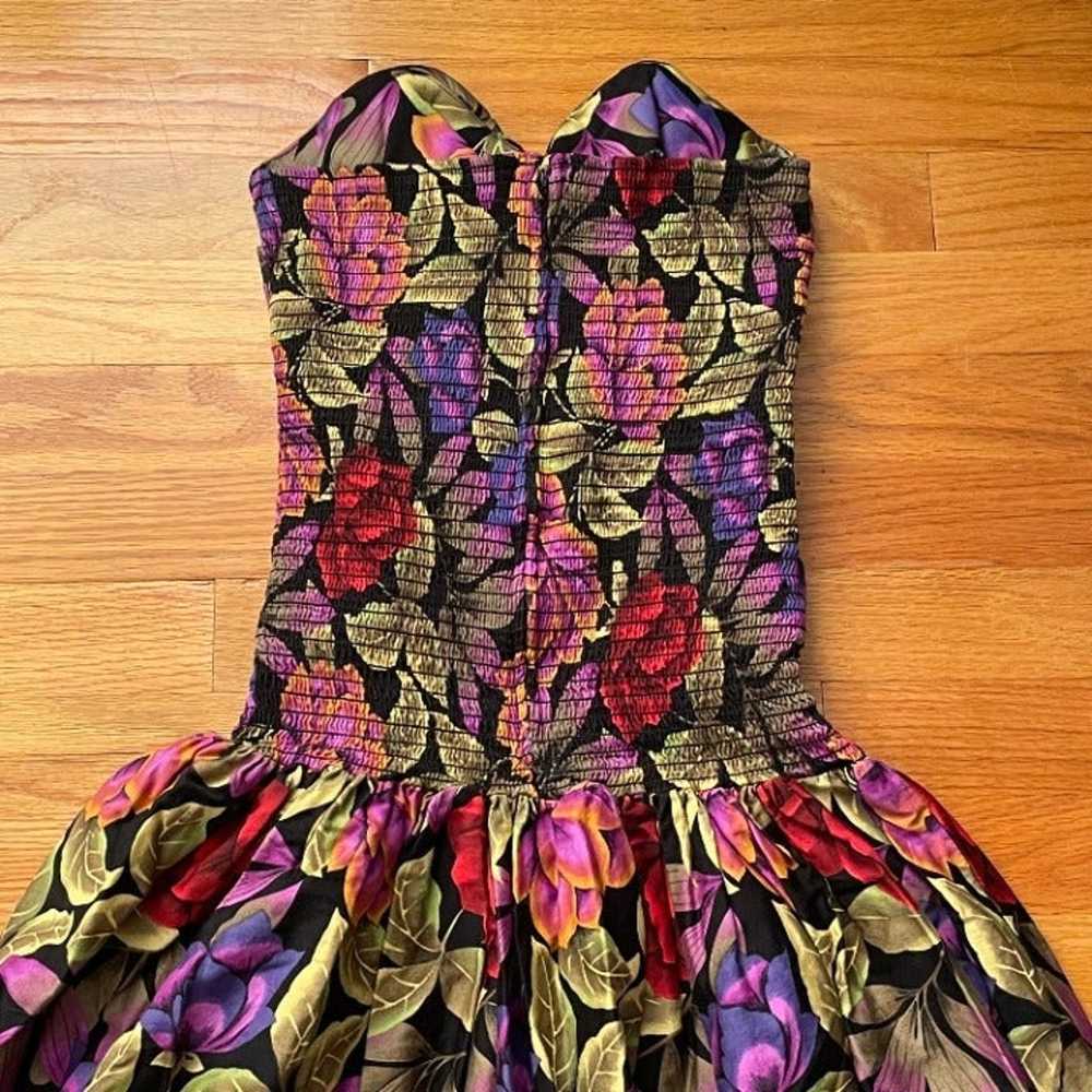 80s Bright Floral Strapless Corset Fit Flare Part… - image 5