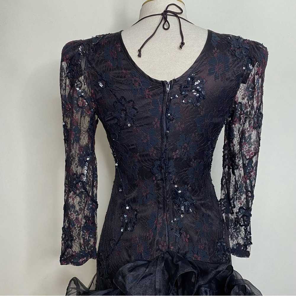 Vintage 80s Jewoo’s Evening black sequin lace & r… - image 11
