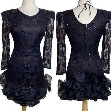 Vintage 80s Jewoo’s Evening black sequin lace & r… - image 1