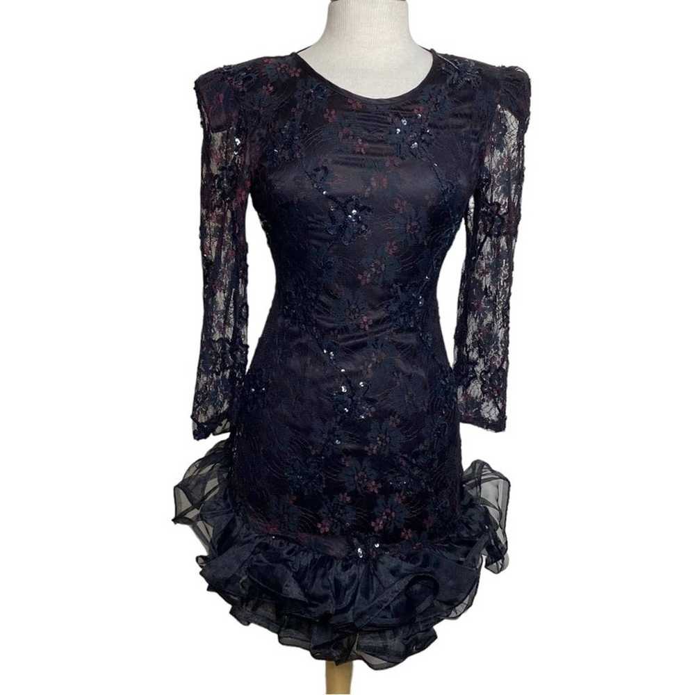Vintage 80s Jewoo’s Evening black sequin lace & r… - image 2