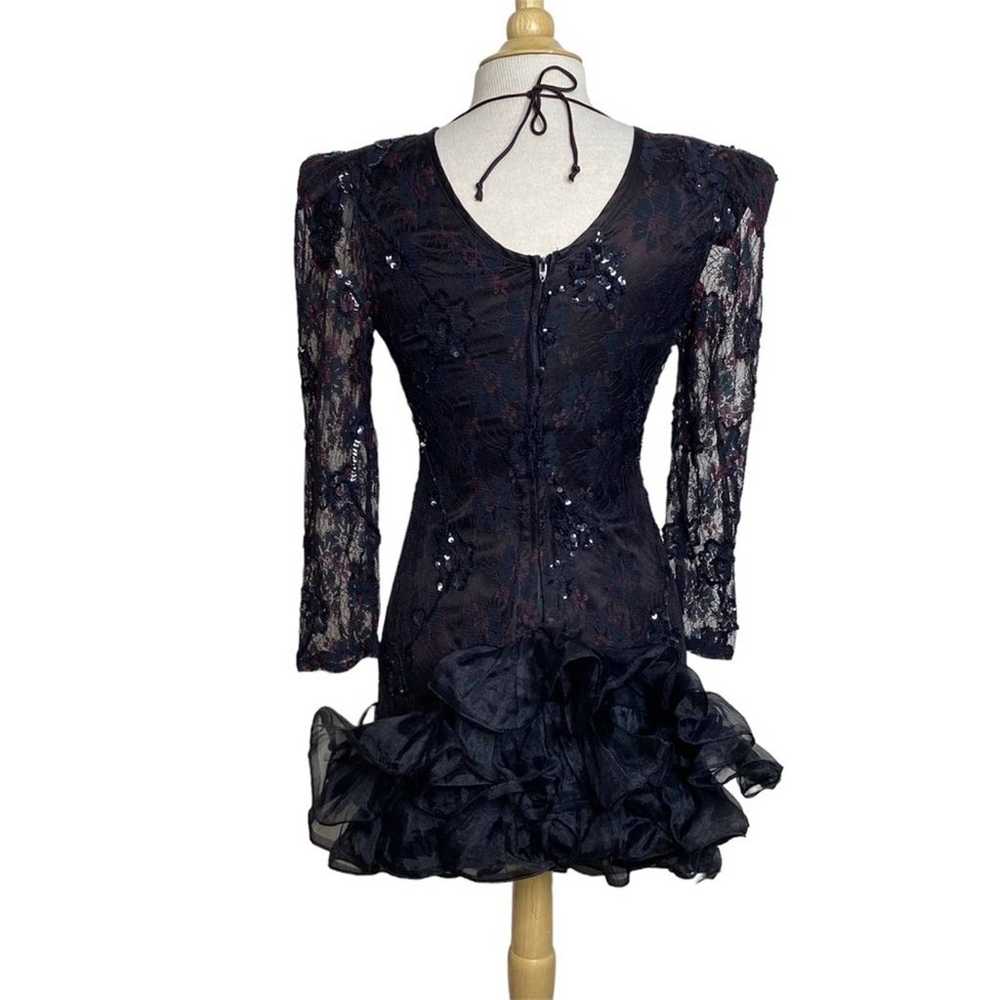 Vintage 80s Jewoo’s Evening black sequin lace & r… - image 4