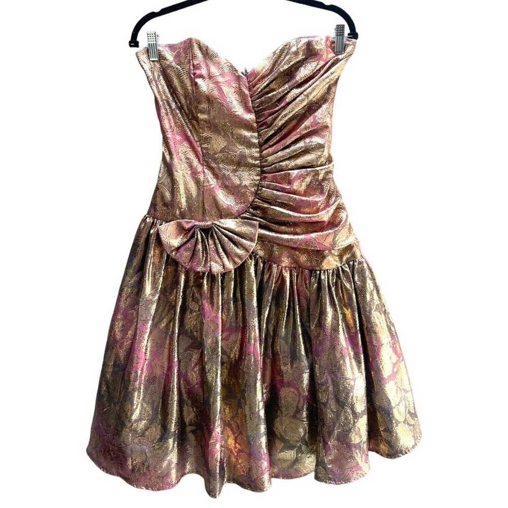 80s Gold Metallic Sweetheart Strapless Prom Party… - image 1