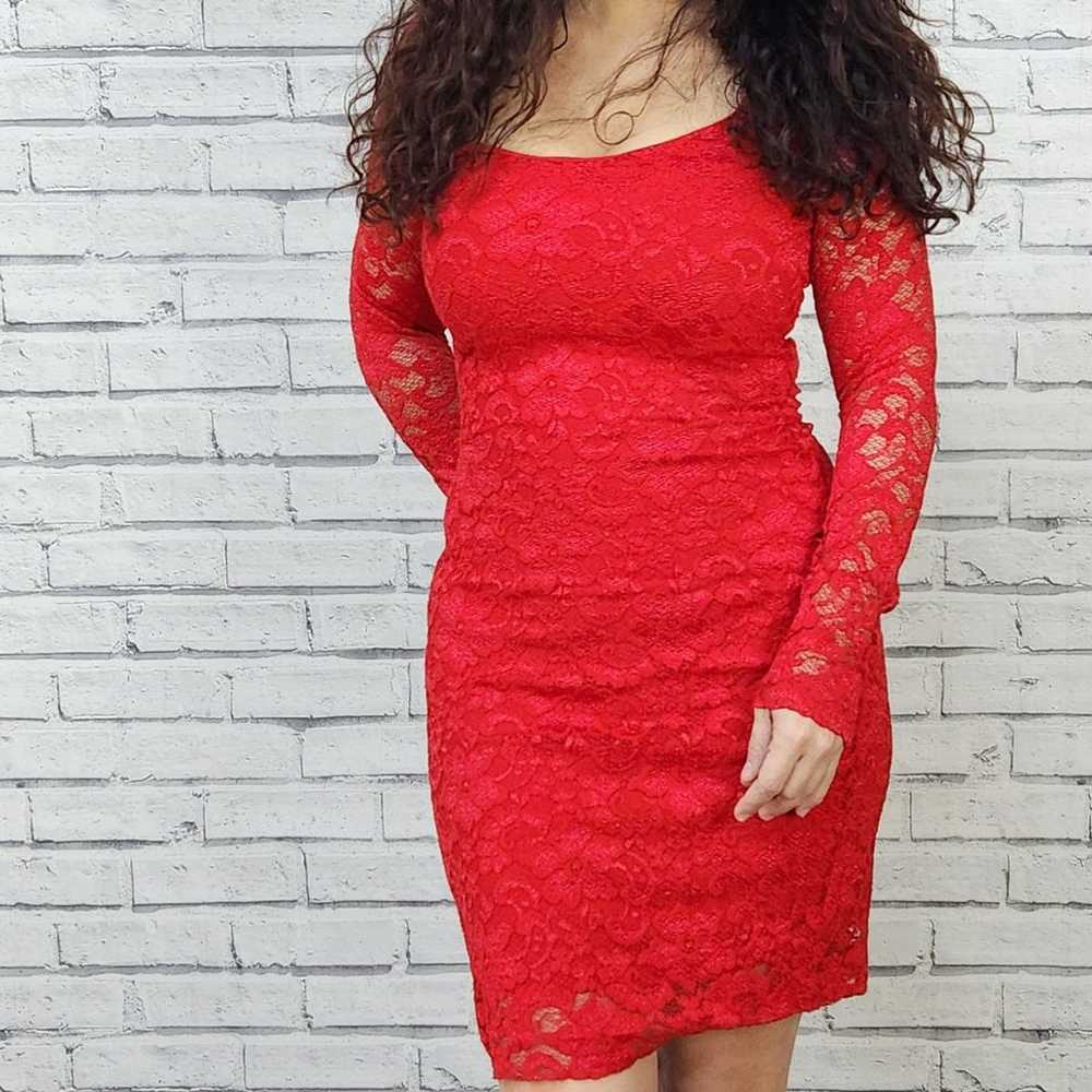 Red lace long sleeve cocktail party dress - image 2