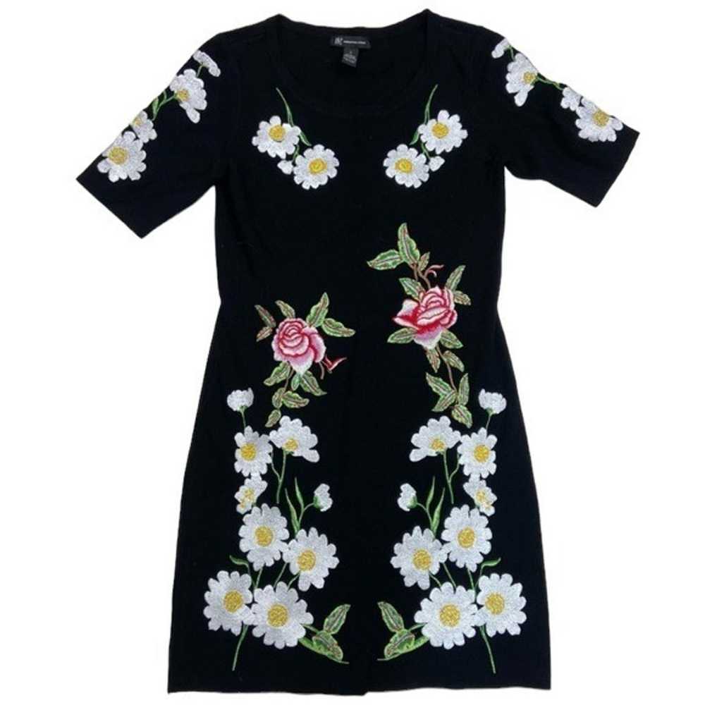 INC black flower floral ribbed stretch dress small - image 1