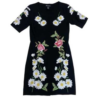 INC black flower floral ribbed stretch dress small - image 1