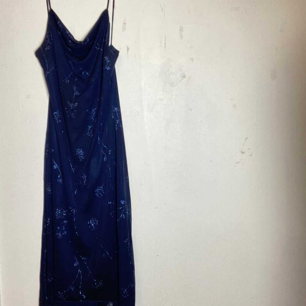 Blue shimmered flowers cow neck dress with sheer … - image 7